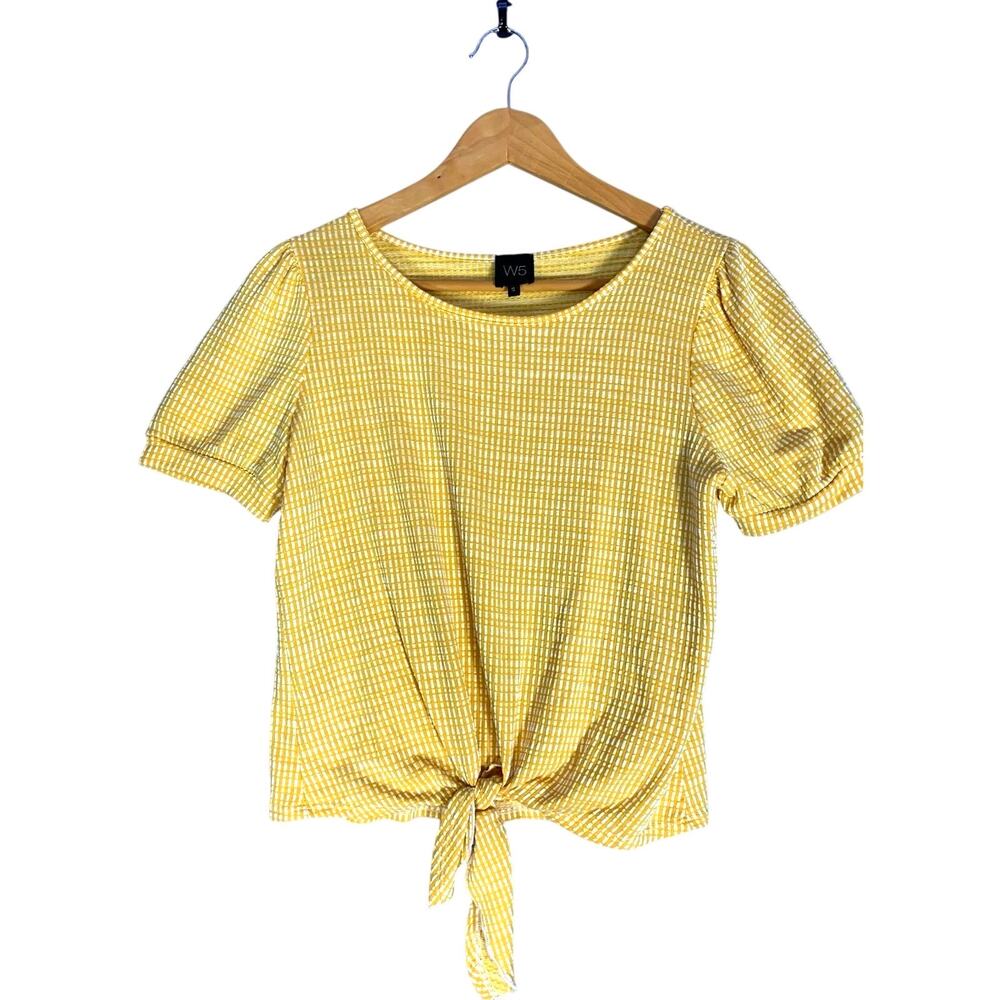 Anthropologie W5, Yellow Short Sleeve Shirt Waist Tie Size S Coquette Clean Girl